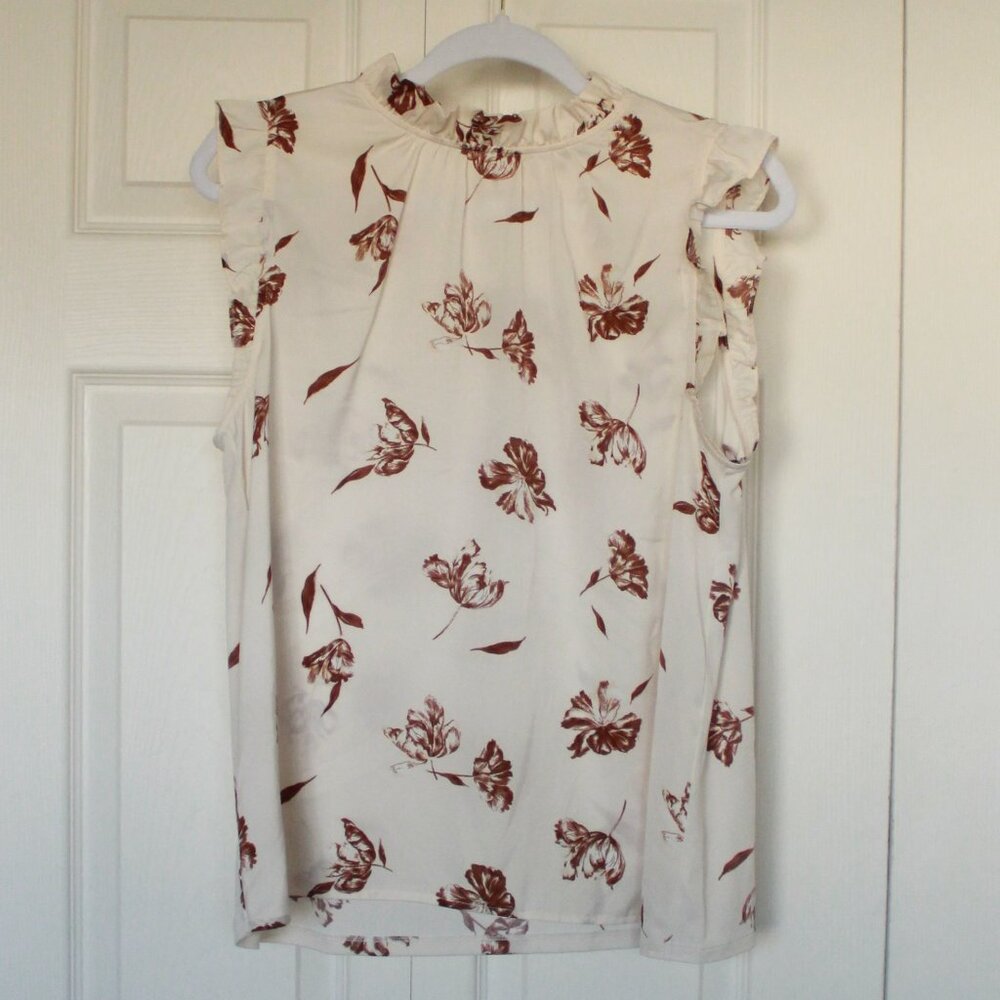 Ann Taylor Factory cream and brown floral ruffle tank size Medium